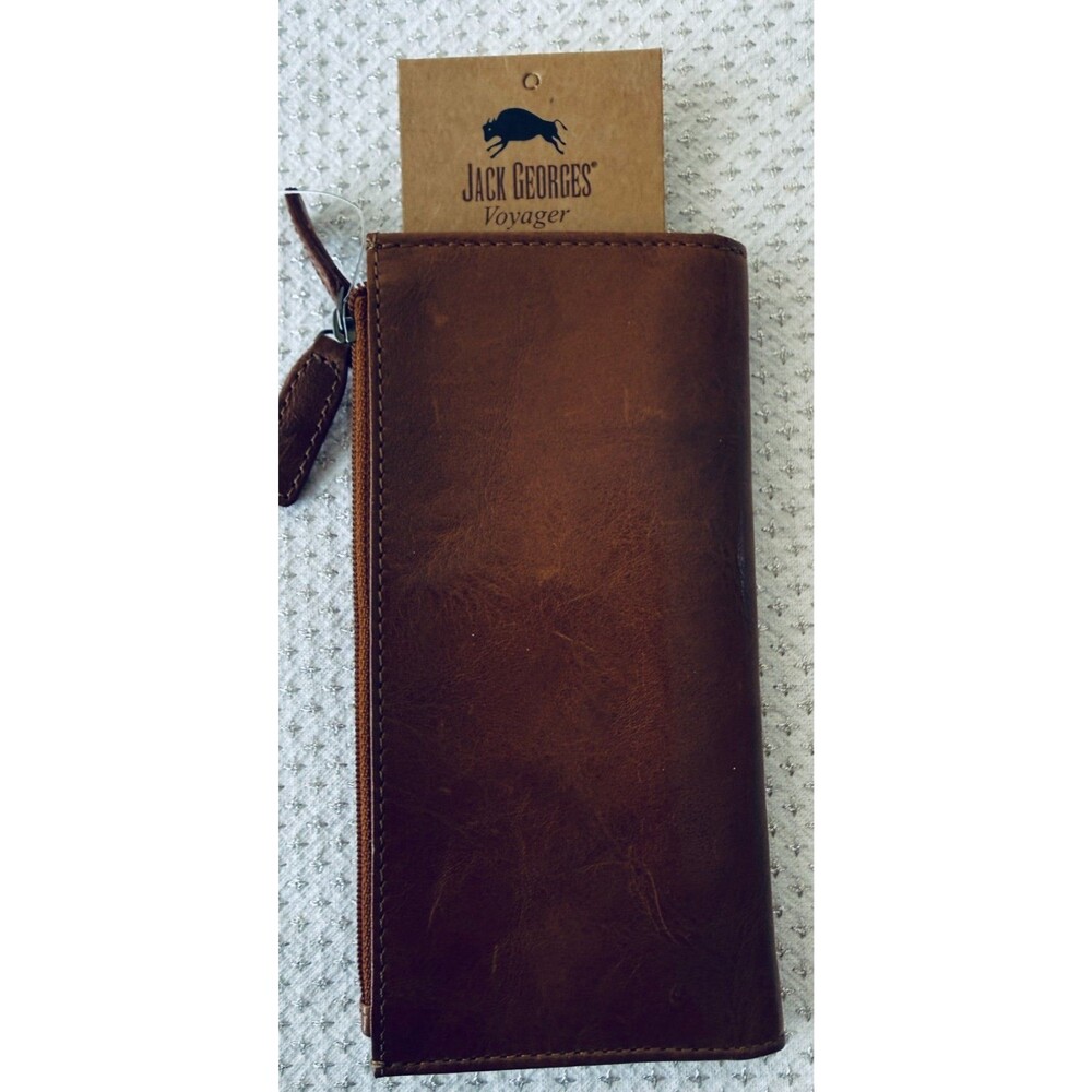 JACK GEORGES Wallet Slim Double Zip Brown HONEY Buffalo LEATHER Voyager NEW